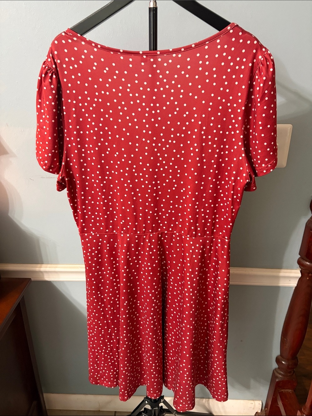 Red Polka Dot Wrap Midi Dress with Tie Waist - Picture 6 of 6